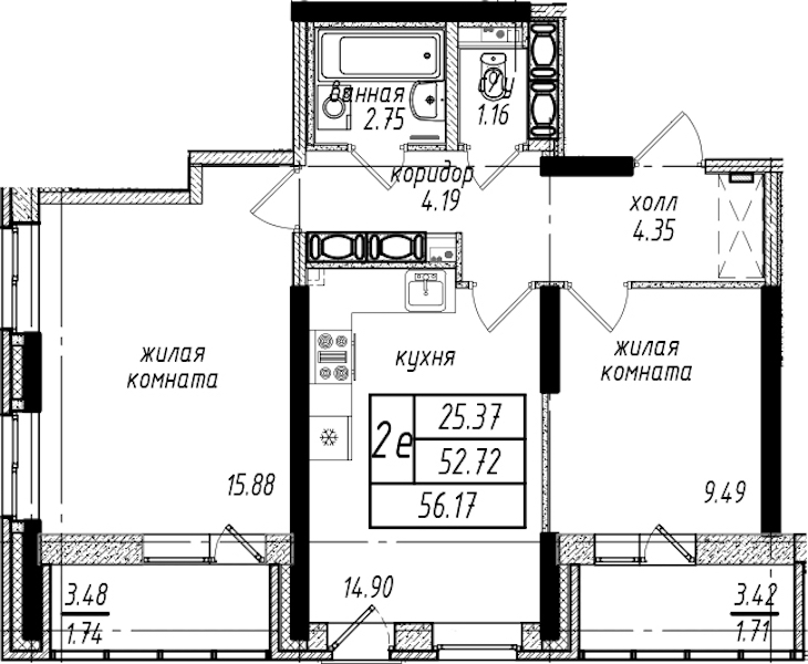 2-комнатная квартира 56.17 м², 24/25 эт., ЖК «Северная Долина»